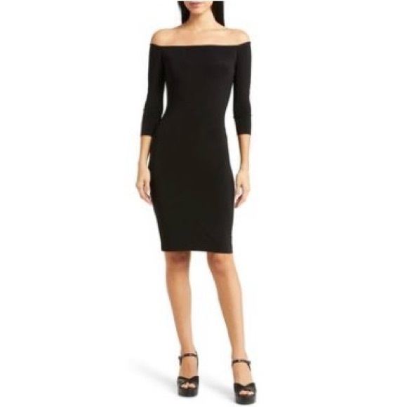 Norma Kamali Black Off-Shoulder Bodycon Mini Dress, Size L/40, NEW - Picture 1 of 7